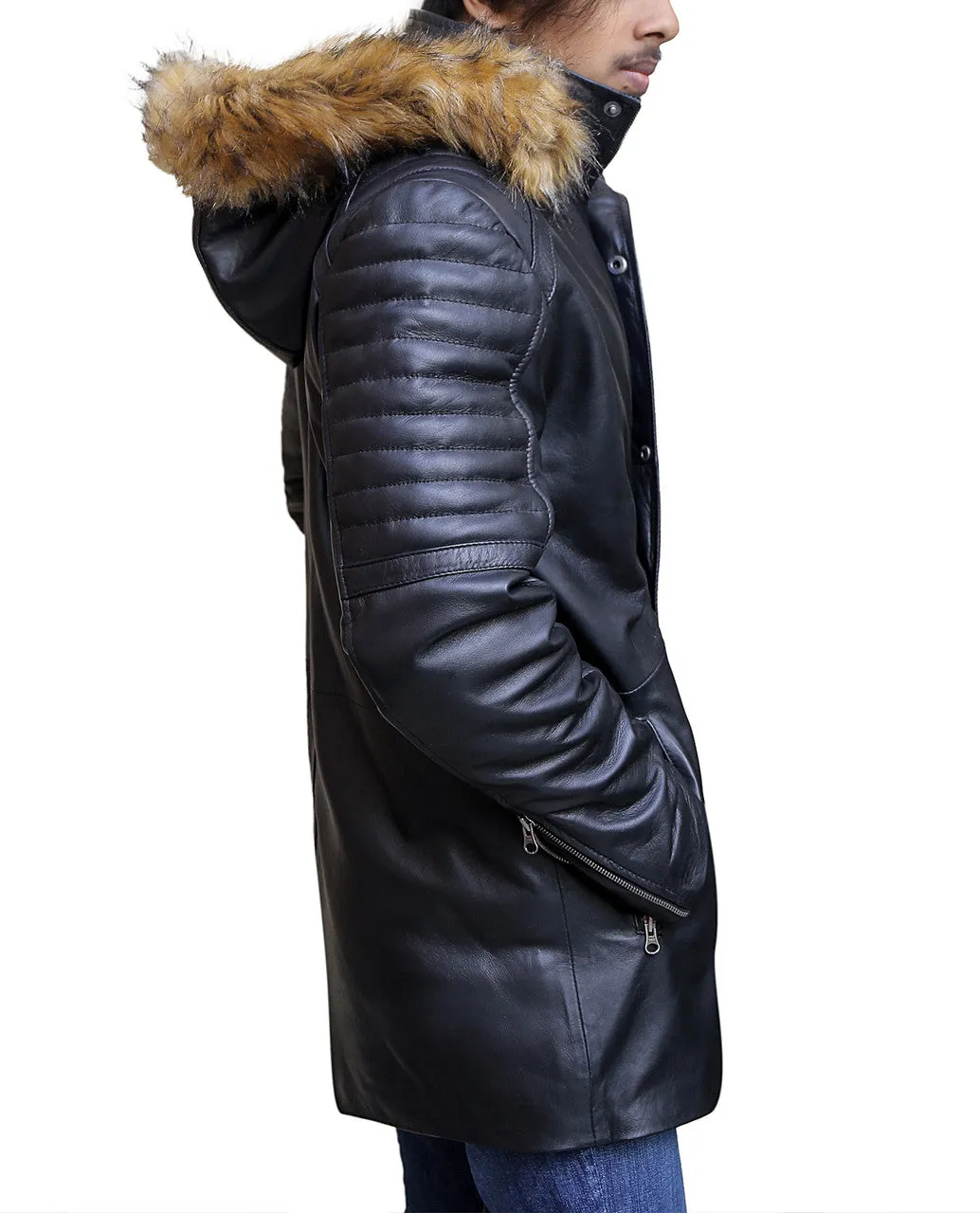 Men's Leather Parka Jacket Black