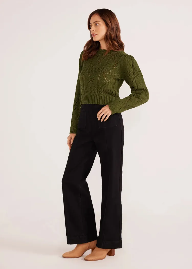 MINKPINK Sally Pointelle Knit Jumper- Forrest Green