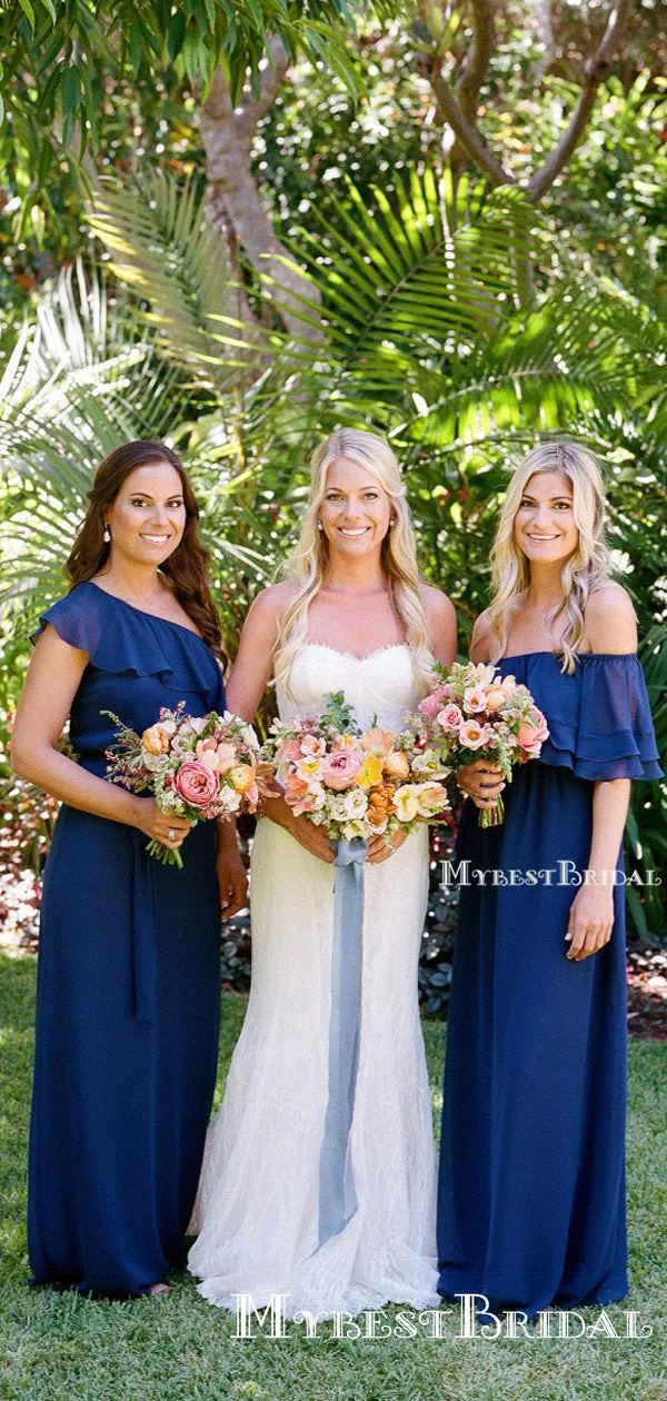 Mismatched Charming Royal Blue Chiffon A-line Long Cheap Bridesmaid Dresses, BDS0066