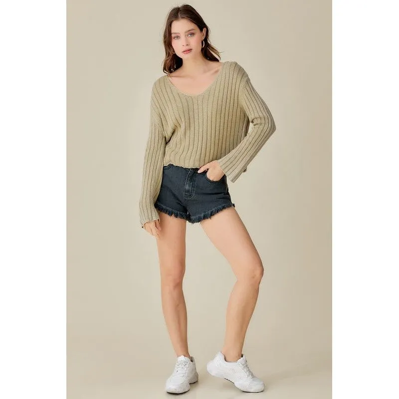 MUSTARD SEED V-Neck Washed Crop Sweater