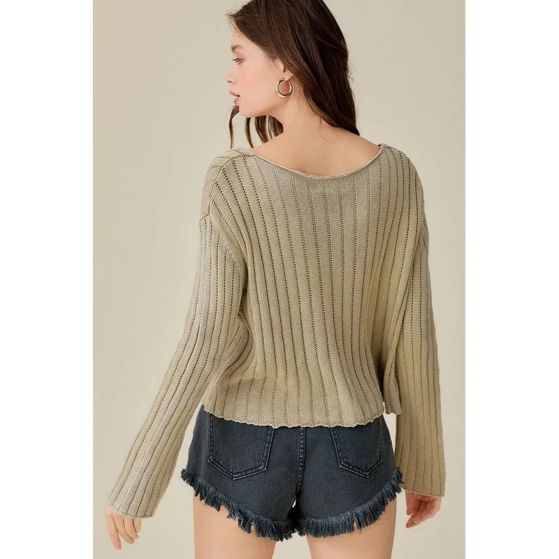 MUSTARD SEED V-Neck Washed Crop Sweater