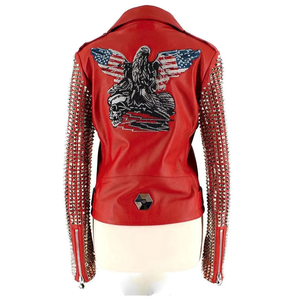 New Red studded Fashion Motorcycle Leather Biker Jacket For Women