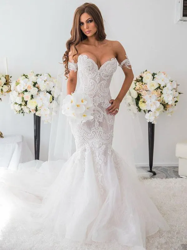 New Vintage Mermaid Off The Shoulder Formal Lace Charming Wedding Dresses. AB0220