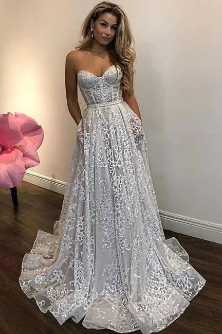 Off White Sweetheart Lace Long Wedding Dresses,Charming Prom Dresses OKA96