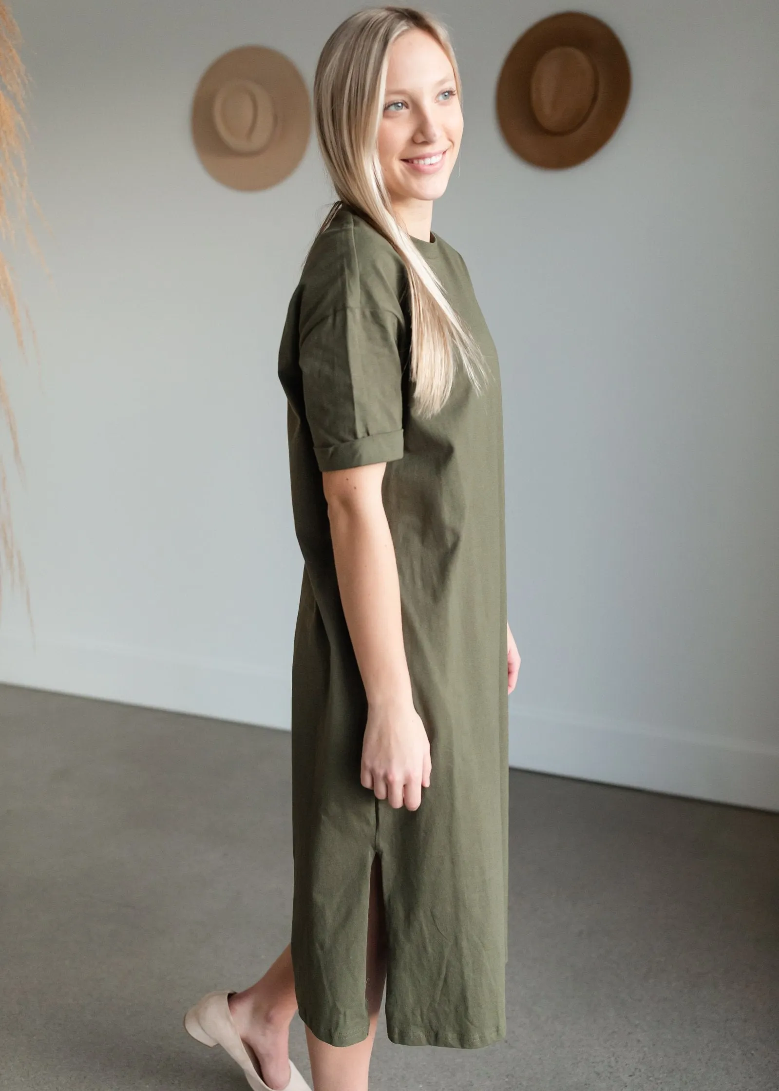 Olive Cotton Relaxed Fit Shift Dress - FINAL SALE