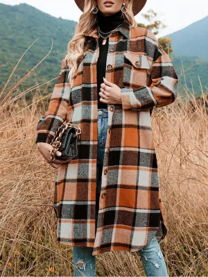 Plaid Flannel Button Long Shirt Coat