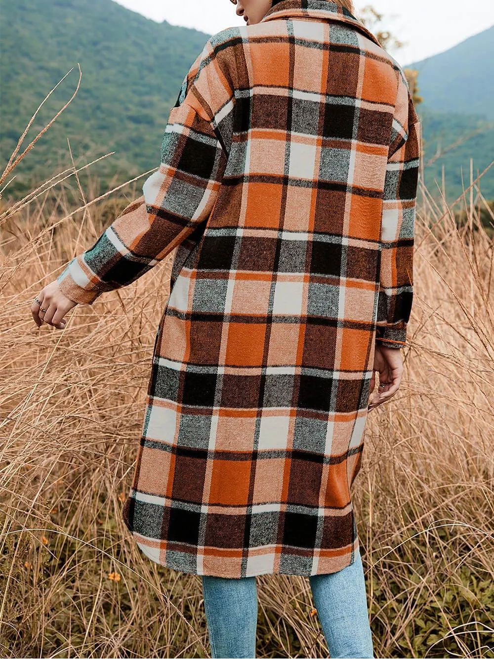 Plaid Flannel Button Long Shirt Coat