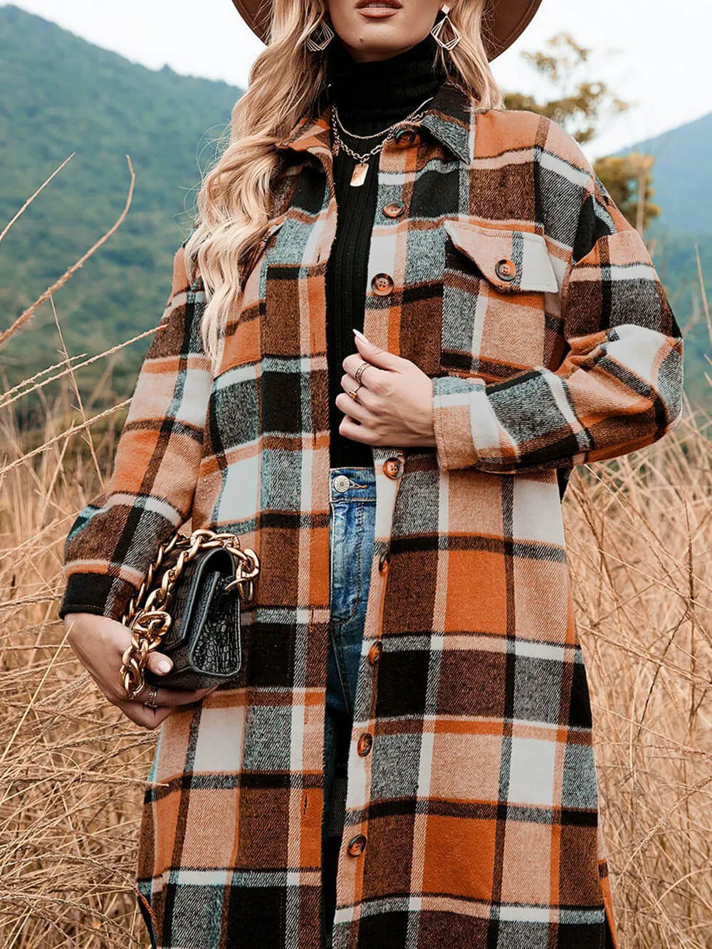 Plaid Flannel Button Long Shirt Coat