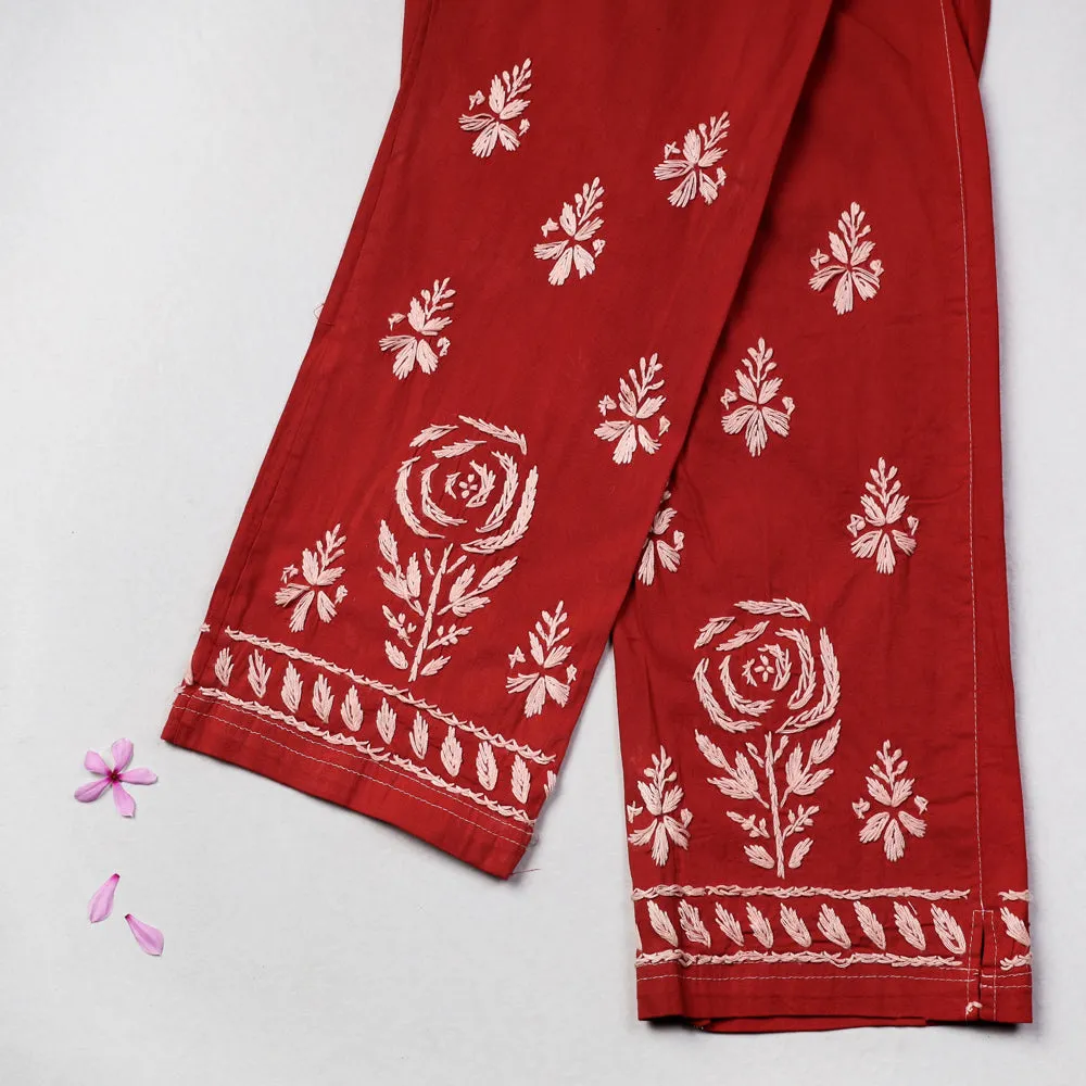 Red - Chikankari Hand Embroidery Cotton Lycra Cropped Pant (Free Size)