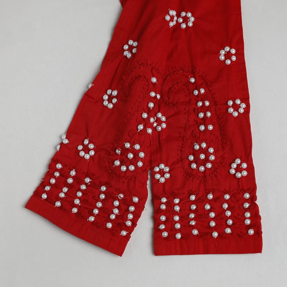 Red - Lucknow Chikankari Hand Embroidery Beadwork Cotton Pant (Free Size)