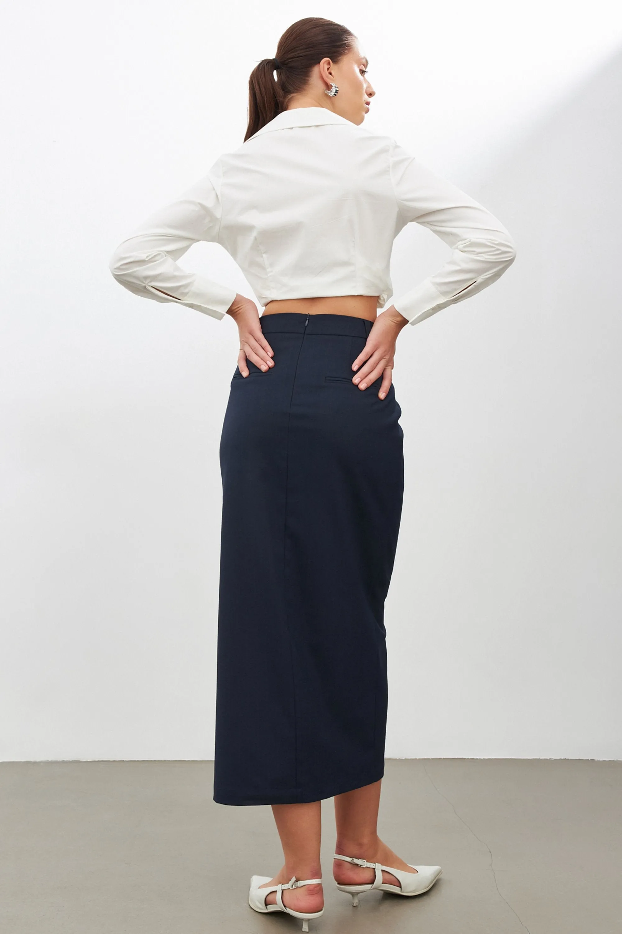 Setre Asymmetric Detail Midi Skirt Navy