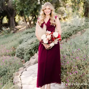 Simple Charming Burgundy V-neck Sleeveless Chiffon Long Cheap Bridesmaid Dresses, TYP0074