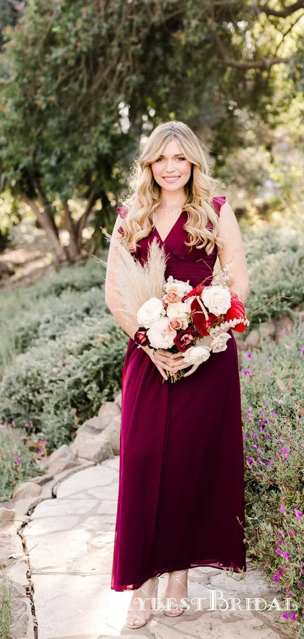 Simple Charming Burgundy V-neck Sleeveless Chiffon Long Cheap Bridesmaid Dresses, TYP0074