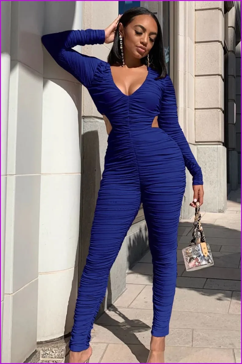 Solid Waist Cutout Pleated JumpsuitDE975