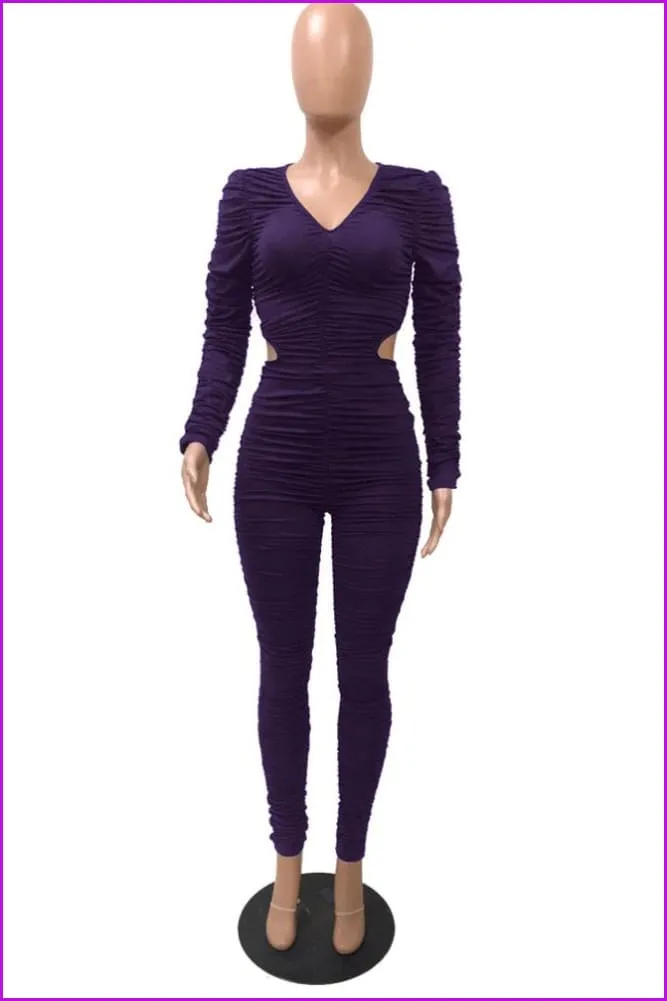 Solid Waist Cutout Pleated JumpsuitDE975