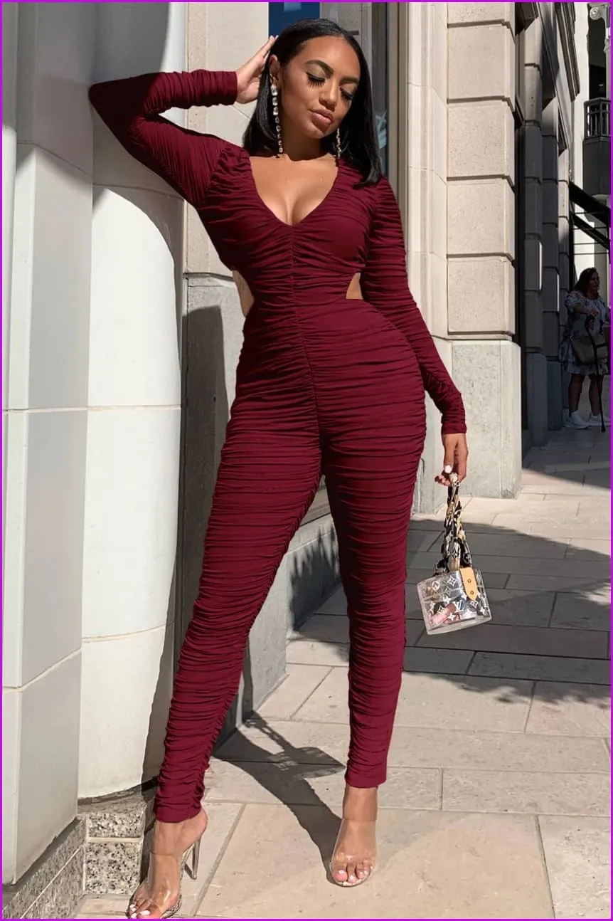 Solid Waist Cutout Pleated JumpsuitDE975