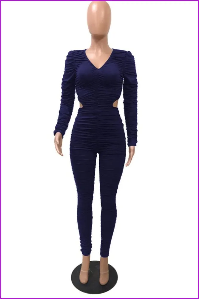 Solid Waist Cutout Pleated JumpsuitDE975