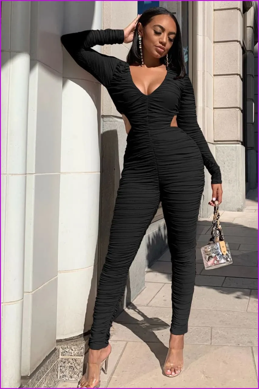 Solid Waist Cutout Pleated JumpsuitDE975