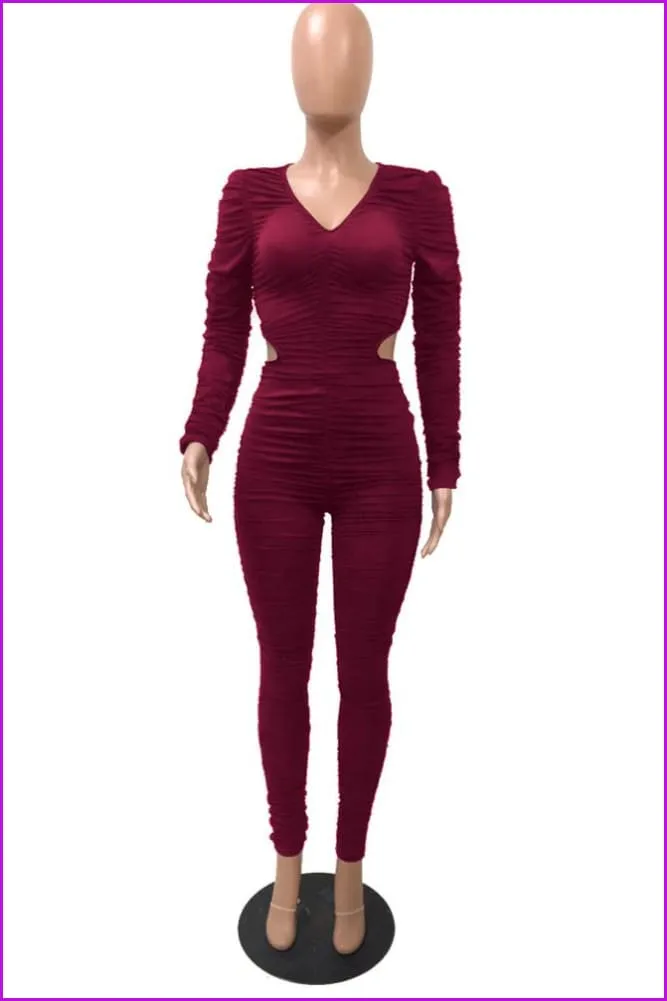 Solid Waist Cutout Pleated JumpsuitDE975