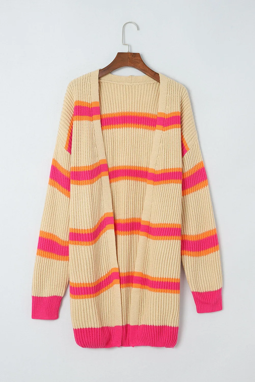 Stripe Printed Ribbed Long Knitted Cardigan