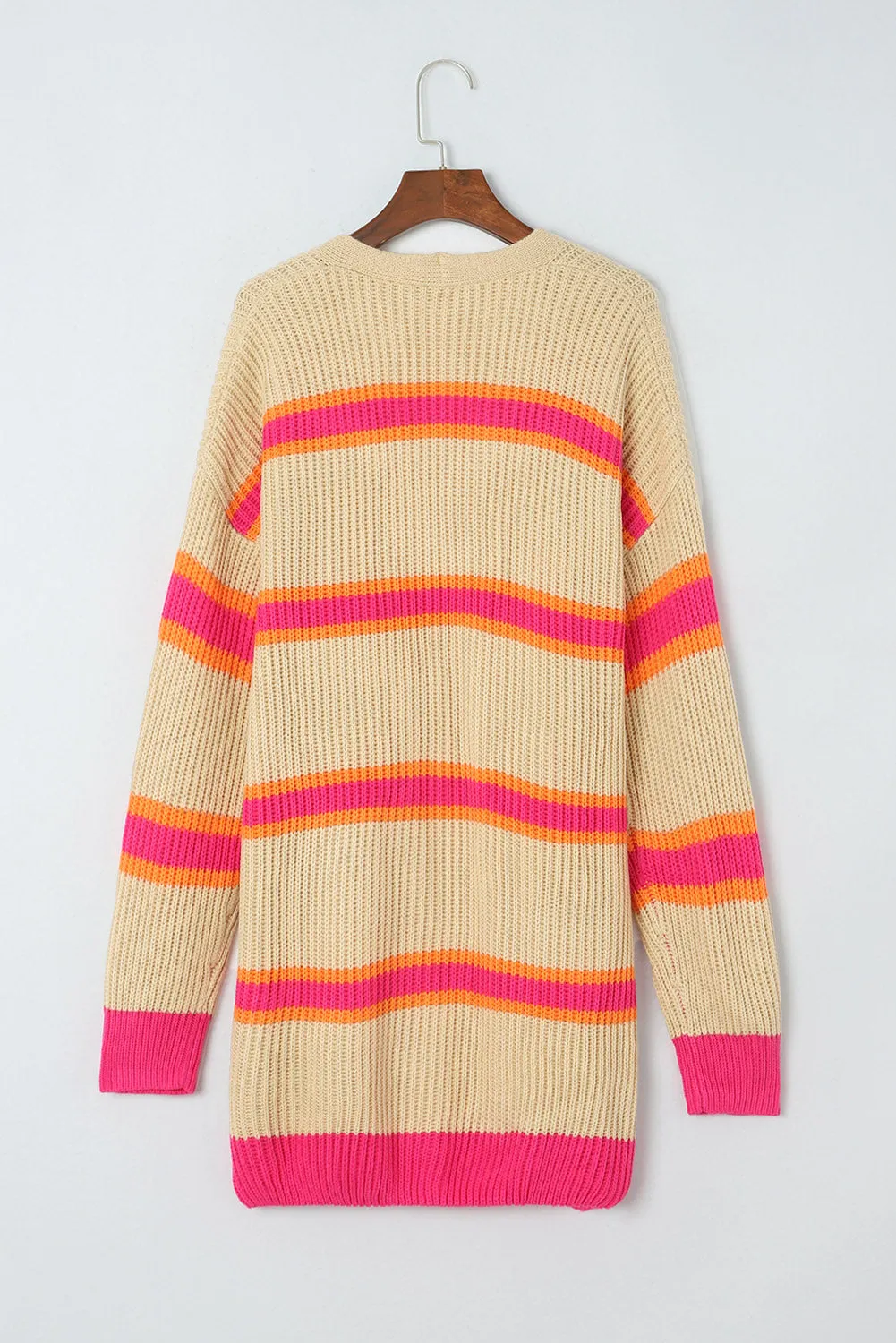 Stripe Printed Ribbed Long Knitted Cardigan