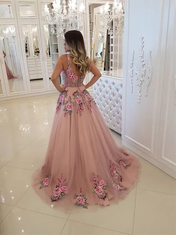 Stunning Tulle Spaghetti Straps Appliques A-line Prom Dresses PD286