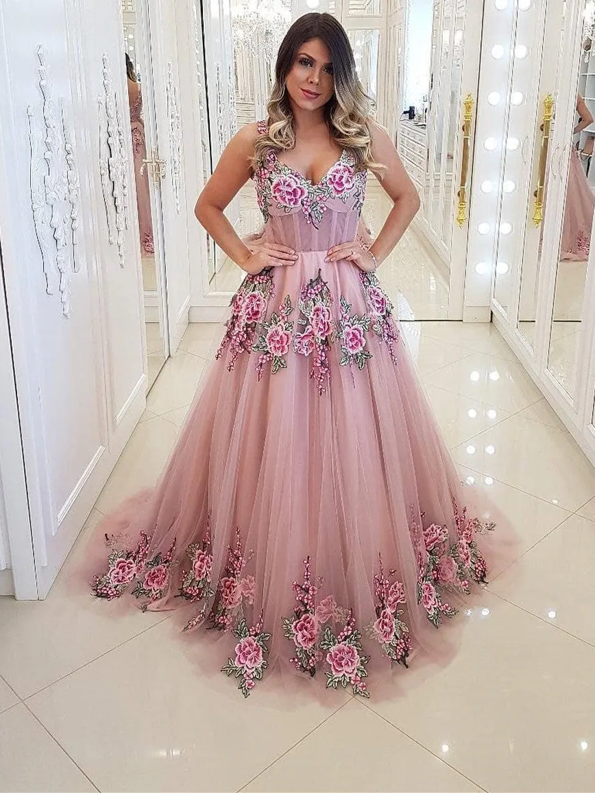 Stunning Tulle Spaghetti Straps Appliques A-line Prom Dresses PD286