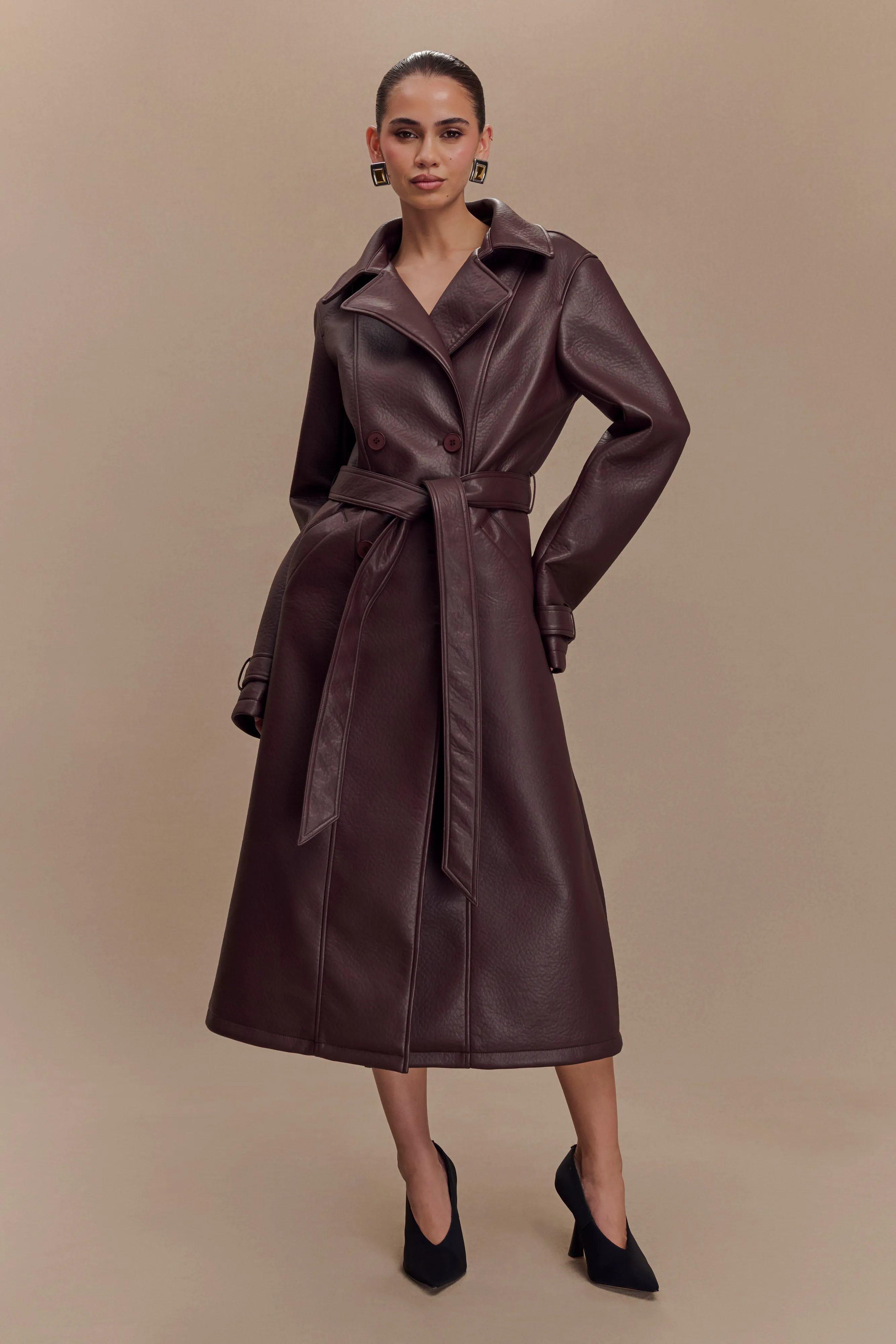 Tarah Faux Leather Trench Coat - Cacao Brown