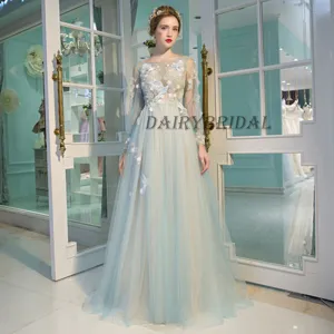 Tulle Prom Dresses, Long Sleeve Prom Dresses, Applique Party Prom Dresses, Open-Back Prom Dresses, DA954