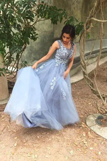 Unique Blue Tulle Appliques Beading Prom Dresses, Charming Formal Dresses SWK15456