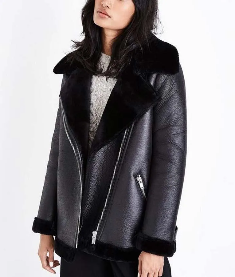 Women Black Leather Shearling Jacket